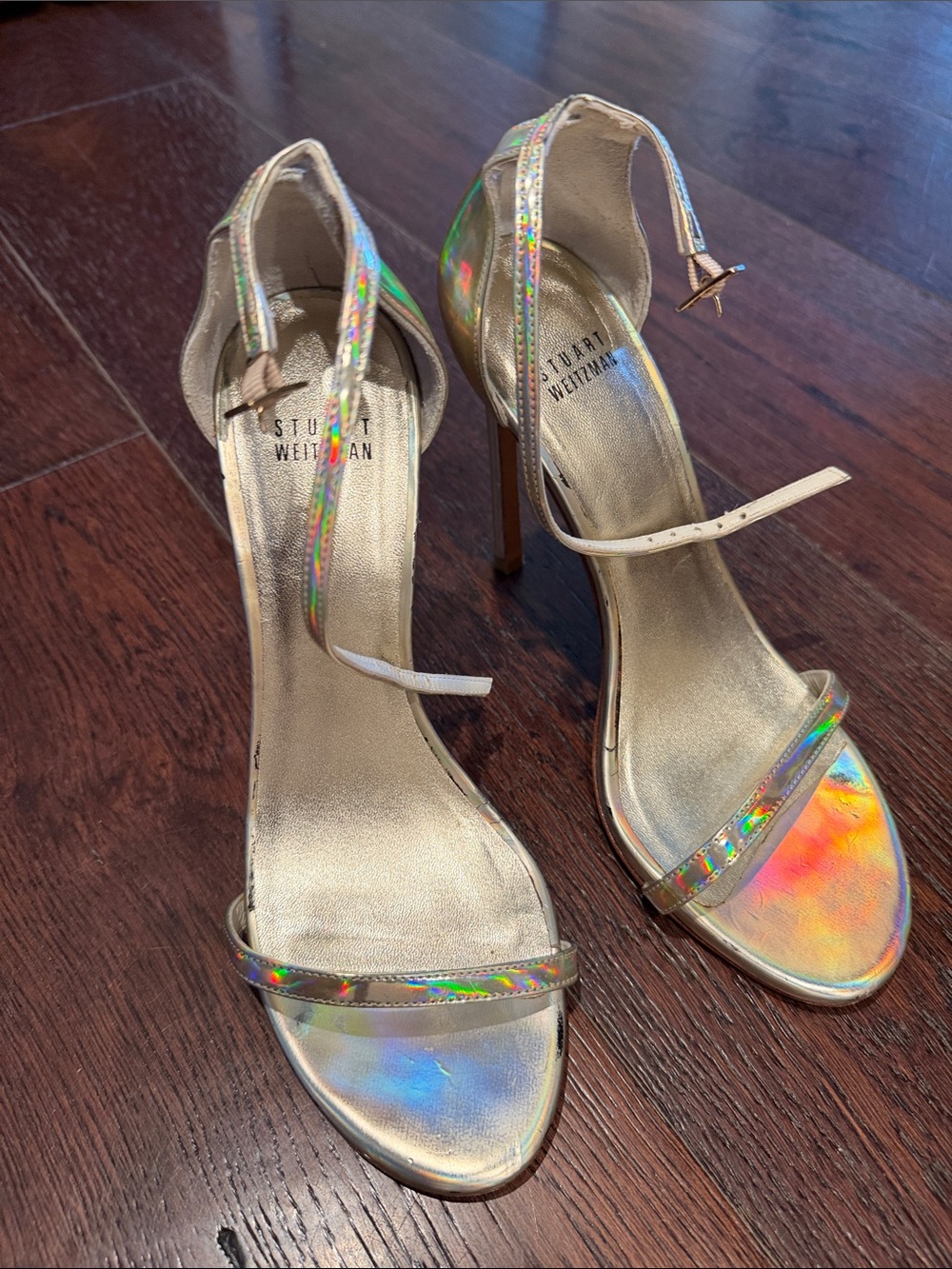 Stuart Weitzman Holographic Gold Strappy Stiletto Heels Size 8 1/2